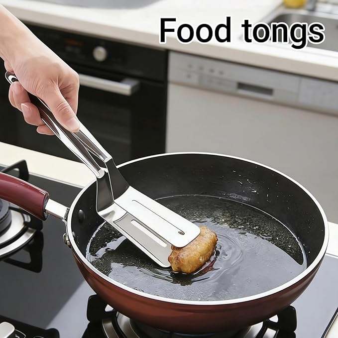 Stainless Steel Grill Clamp, 10 Inch Steak Clamps Anti-Scald Extended Handle Spatula Tongs Versatile Kitchen Tongs Food Flipping Tool for Bread Hamburger BBQ Meats Pizza Pies Bread Fish (4)