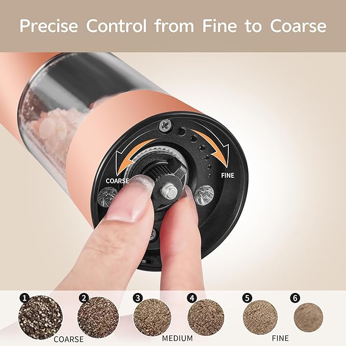 Gravity Electric Salt and Pepper Grinder Set with USB-C Charging Base,Rechargeable Automatic Stainless Steel Pepper Mill Grinder with LED Light, 2pack+Peach Orange (Peach Orange)