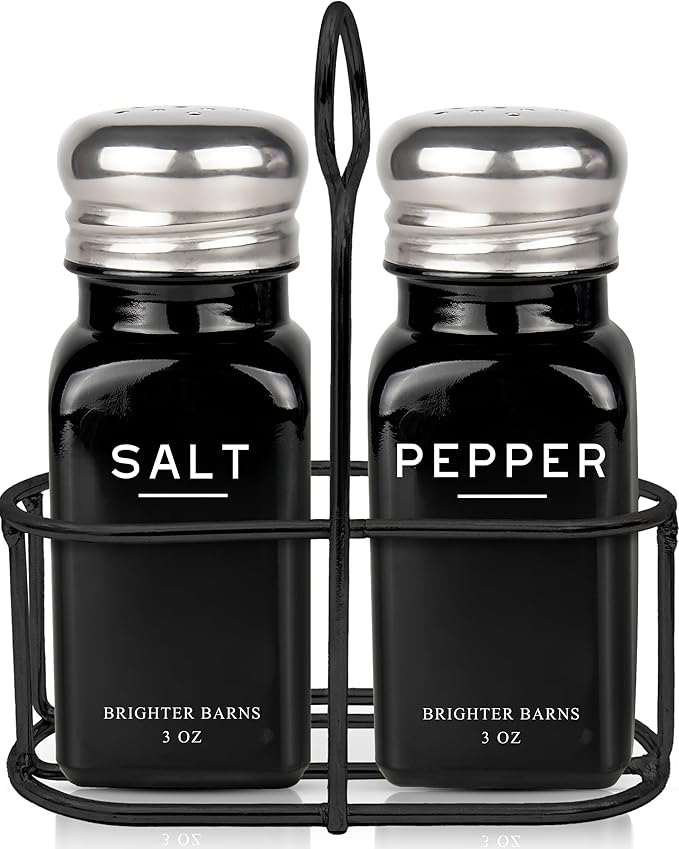 Black Salt and Pepper Shakers Set with Holder by Brighter Barns - Farmhouse Kitchen Decor, Modern Kitchen Essentials, Dining Table Centerpiece Decor - Glass Shakers with Caddy for Restaurants (Black)