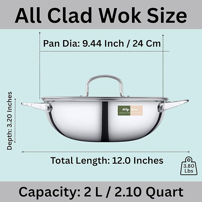 Stainless Steel Wok with Lid, All Clad Tri-ply Kadhai, 2.10 Qt / 2 L, 9.5 Inch Pan for Stir-Frying, Stews, Sauces, Deep Saute, Triply wok cookware, Trasparent Cover, Induction Compatible