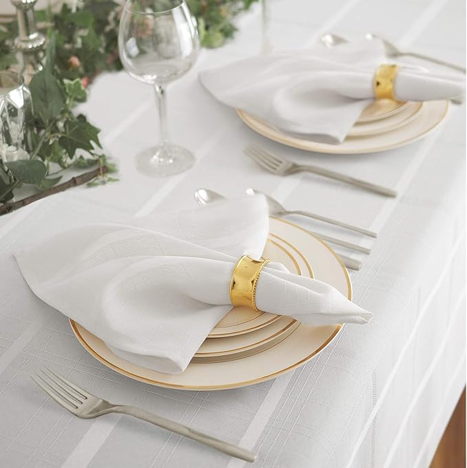 Newbridge Set of 4 Square Fabric Napkins, Elegance Plaid, 100% Polyester, No Iron Soil Resistant Dining Room, Party and Banquet Napkins, Solid Textured, White