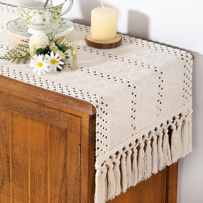 Socomi Boho Table Runner Macrame Valentine's Day Farmhouse Woven Cotton Linen Rustic Coffee Table Runner with Tassels for Small Dresser Scarf Home Decor Dining Room 12x72 inch Cream Ivory