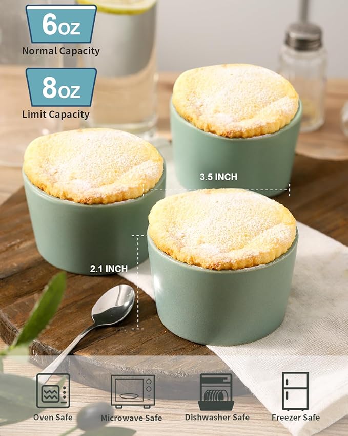 Tikooere Ramekins 6 oz, Oven Safe Souffl챕 Dishes for Creme Brulee, Souffle, Pot Pie, Stoneware Baking Dishes for Kitchen, Farmhouse Ceramic Ramikens Set of 6, Cute Christmas Gift, Matte Turquoise