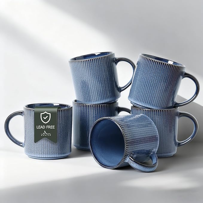 MONITO 16Oz Coffee Mugs Set of 6, Rustic Ceramic Coffee Cups Set with Large Handle, Vintage Striped Stoneware Coffee Mugs for Latte, Cocoa, Tea, Milk, Microwave & Dishwasher Safe, Deep Blue