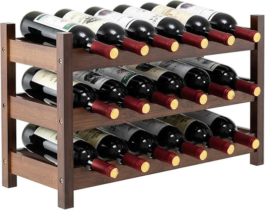 COSTWAY 3-Tier Bamboo Wine Rack, 18-Bottle Tabletop Wine Holder with Wave Slot, Freestanding Countertop Wine Bottle Organizer for Kitchen, Pantry, Pub & Wine Cellar, Brown (24.5L x 9.5W x 15H)