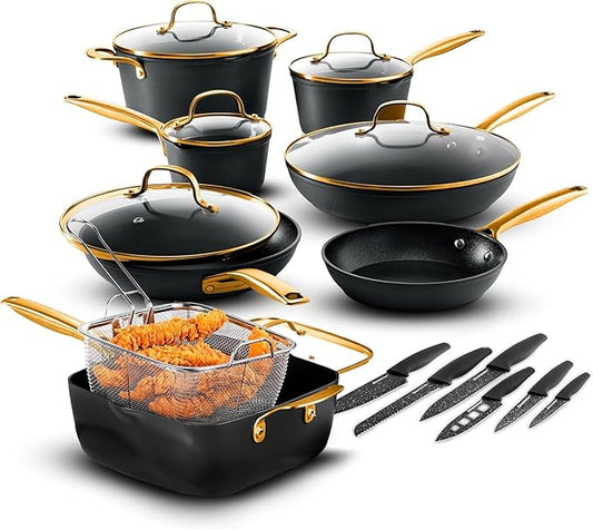 Granitestone 20pcs Induction Pots and Pans Set Non Stick Cookware Set with Deep Frying Pan & 6pc Knife Set, Hard Anodized Exterior with Armor Max Coating Lasts 8x Longer, Oven & Dishwasher Safe