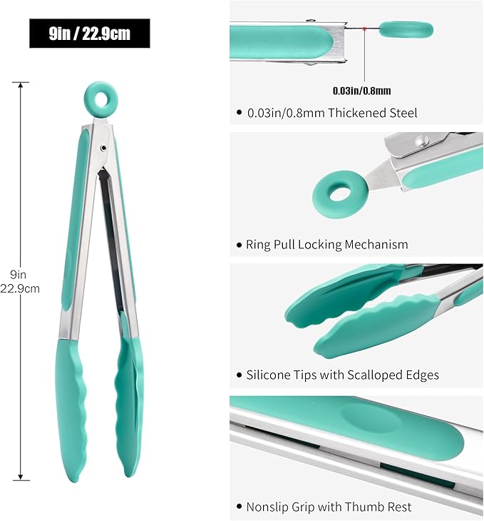 Doosu Kitchen Tongs for Cooking - 600째F Heat Resistant Food Tong with Non-Scratch Silicone Tips, Heavy Duty Stainless Steel Locking Tong for BBQ, Grilling Steak, Serving Salad, Pasta (9in, Aqua Sky)