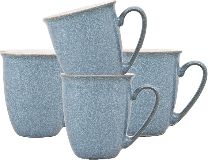 Denby - Elements Blue Large Coffee Mug Set of 4-11.15 Ounce Stoneware Tea Mug Set For Office & Home - Dishwasher Safe, Microwave Safe - Ceramic Tea Cups With Blue White Glaze