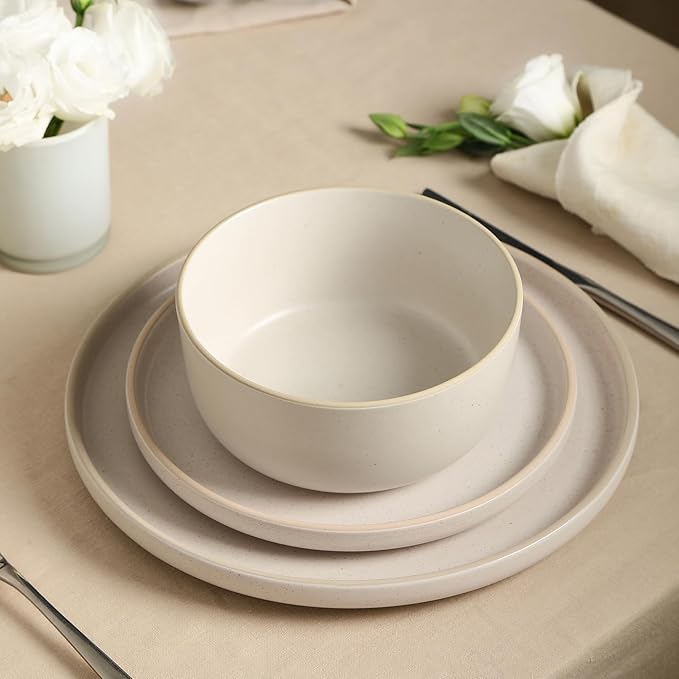 Earth & Clay Amber 12-Piece Dinnerware Set Stoneware, Dishwasher and Microwave Safe Plates and Bowls Set, Dish Set for 4, White Speckled