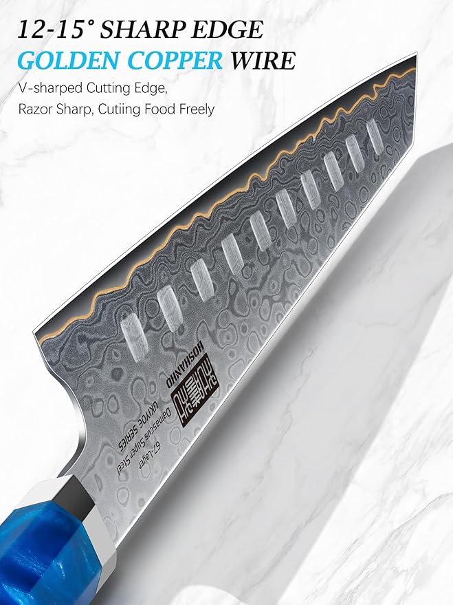 HOSHANHO Damascus Santoku Knife 7 Inch, 67-Layer Damascus Steel Chef Knife, Ultra Sharp Professional Kitchen Knives with Ergonomic Blue Resin Stabilized Wood Handle and Wood Gift Box