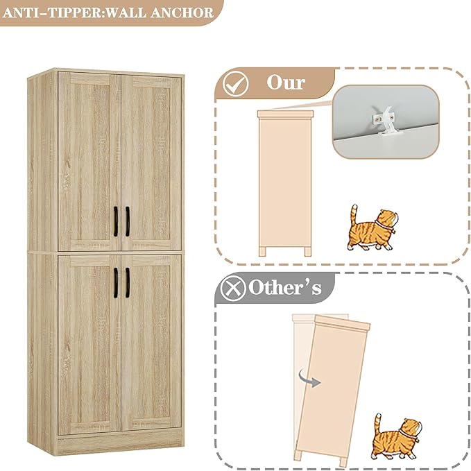 Pantry - Kitchen Pantry Cabinet with 4 Doors and Adjustable Shelves, Tall Black Cabinet Freestanding Storage Cupboard for Dining Room Living Room, Laundry, Bathroom (Natural)
