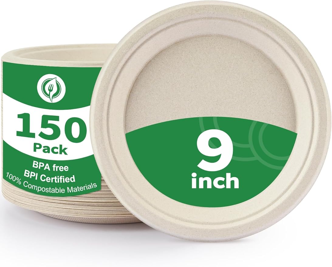 150Pack Compostable Paper Plates 9Inch Disposable Dinner Plates Heavy Duty Eco-Friendly Paper Food Trays Biodegradable Bagasse Plates for Meals, Parties, Wedding, Christmas