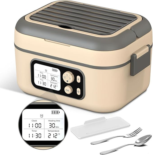 EDCREATY Cordless Electric Heated Lunch Box, 1.5L 6.3Cups 24000mAh Rechargeable Battery Self-Heating Lunch Box, Smart Timer, Even Heating, 100W Portable Food Warmer for Office, Picnic, Car, Outdoor
