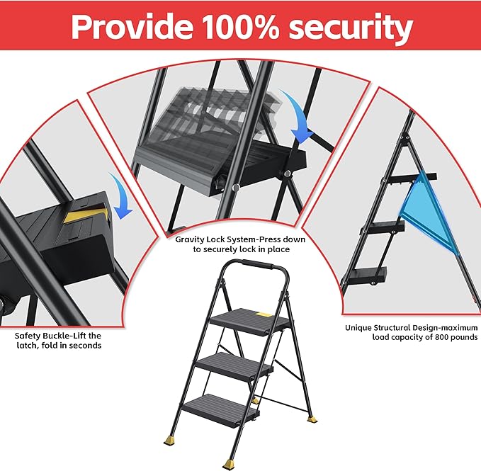 Step Ladder Foldable Folding Stool - for Home Adults Kitchen 3 Stepping Extension Tall Heavy Duty with Handrails - Closet Stepstool Stair Ladders Extendable Stepladder for Indoor House 800Lbs