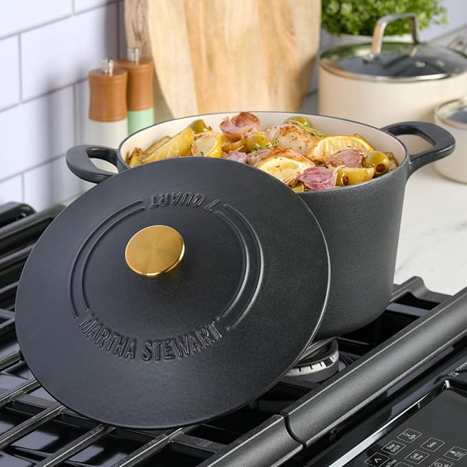 MARTHA STEWART Gatwick 7-Quart Enamel Cast Iron Dutch Oven Pot with Lid ??Matte Black ??Durable Heavy-Duty Dutch Oven for Slow Cooking, Braising & Baking