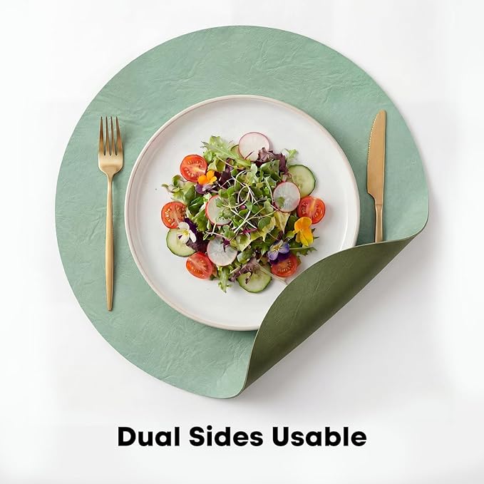 Artoid Mode Sage Faux Leather Placemats Set of 4, 15 Inch Waterproof Wipeable Heat Resistant Place Mats, Reversible Table Mats for Spring Kitchen Dining Decor