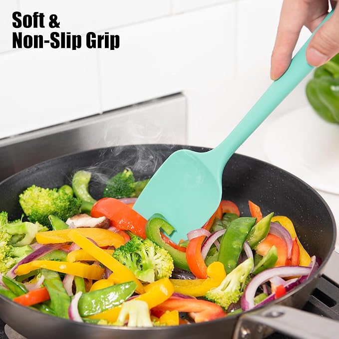2-Piece Silicone Scraper & Spoon Spatulas: Doosu 600째F Heat Resistant Food Grade BPA Free Rubber Baking Flat Spatula Kitchen Cooking Spoonula for Mixing Scraping Folding Stirring Serving (Aqua Sky)