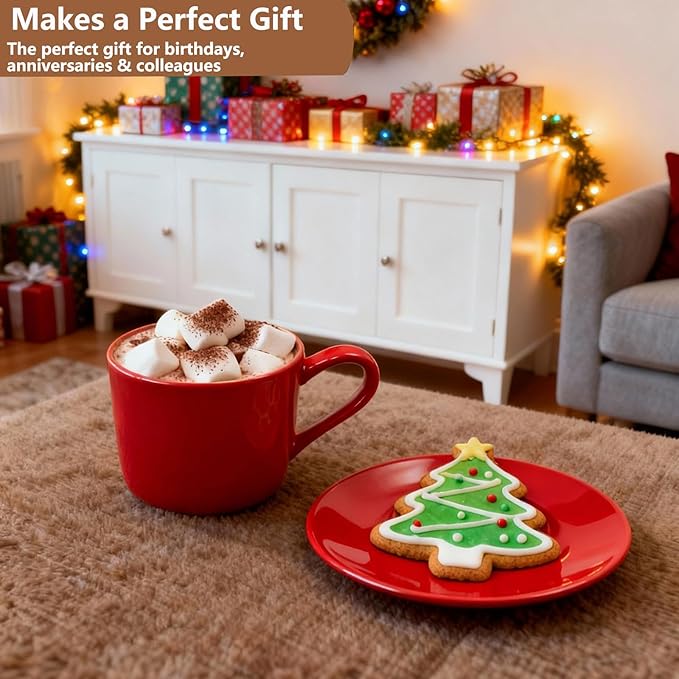 Porcelain 8oz Cappuccino Cup with Saucer - Ceramic Coffee Mug Perfect For Latte&Tea - Microwave and Dishwasher Safe -Tea Cup Sets for Afternoon Party,Christmas Gift,Red