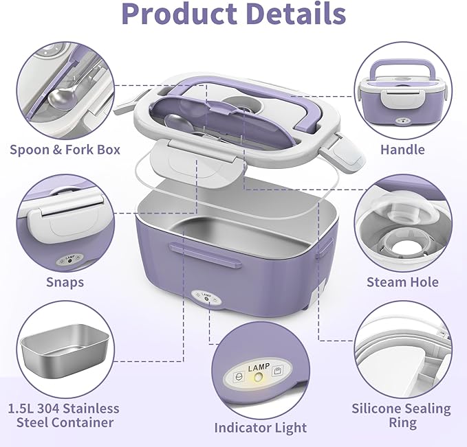 Vingud Electric Lunch Box for Adults, Heated Lunch Box Food Warmer, 80W Portable Heating Lunchbox for Women/Work/Car/Truck, 12/24/110V Lonchera El챕ctrica Port찼til Christmas White Elephant Gifts,Violet