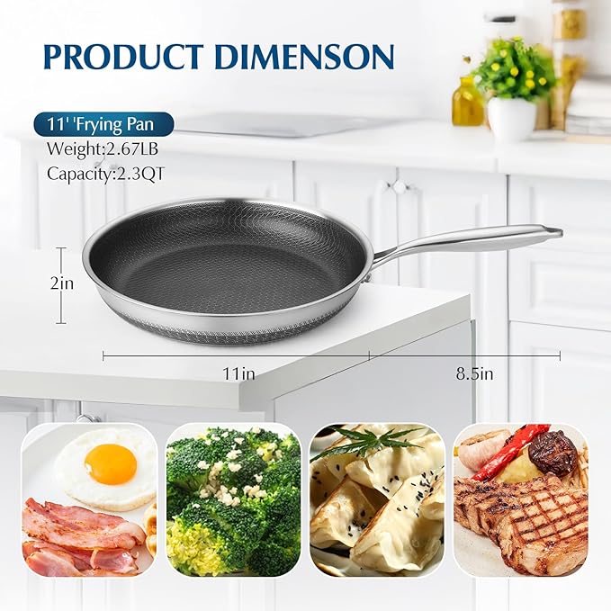 Frying Pans Nonstick, 11??Hybrid Stainless Steel Non Stick Frying Pans for Kitchen and Camping - Nonstick Cookware - Dishwasher and Oven Safe Skillet for Induction Gas Ceramic.