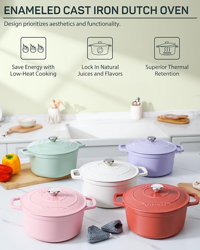 Enameled Cast Iron Dutch Oven ??4.4 Quart Pot with Lid & Potholders ??Heavy-Duty Cookware for Bread Baking, Braising, Stews & Roasting ??Oven & Stovetop Safe up to 500째F ??Mint Green