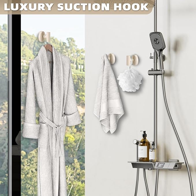 Suction Cup Hooks for Shower - Bathroom Reusable Hooks for Towels, Robes & Loofah - No-Drill Mounting on Kitchen,Walls,Metal,Glass,Mirrors,Tile & Smooth Non-Porous Surfaces (2, Milk White)