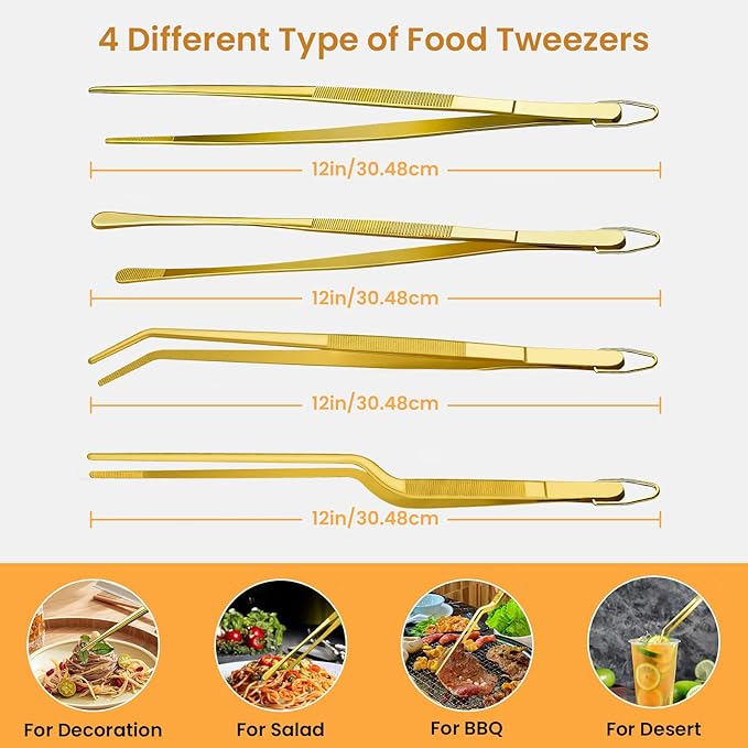 GEEKHOM Professional Stainless Steel Fine Tongs: 4-Pcs 12-Inch with Serrated Tips for Culinary Use & Serving (Gold)