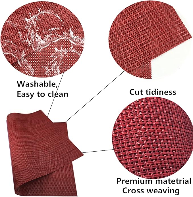 WAZAIGUR Placemats,Easy to Clean Crisscross Woven Vinyl Place Mats Durable Non-Slip Heat Resistant Table Mats,Placemats for Kitchen Table Set of 6,Red