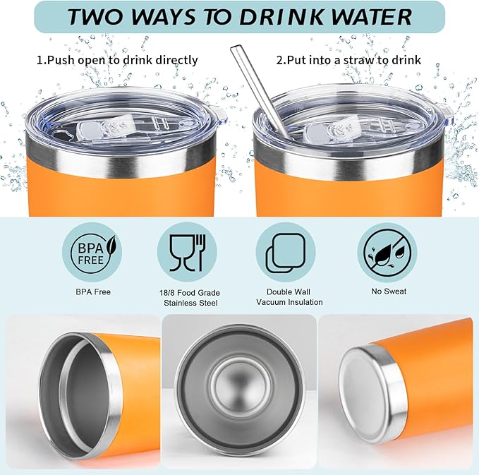 ATIKZHE 20oz Tumbler with Straw and Brush, Stainless Steel Vacuum Insulated tumbler, Double Wall Insulated Coffee Tumbler for Outdoor, Home, Travel,Office (Orange,4pcs)