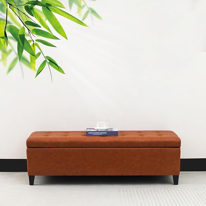 Joveco 51 Inch Storage Ottoman Bench,Tufted Leather Storage Bench for Bedroom (51??Dark Orange)