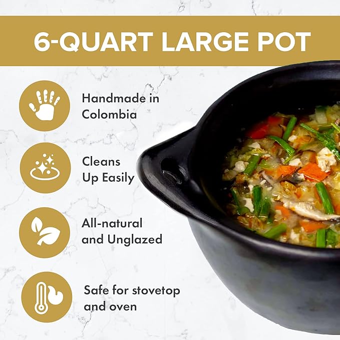 Authentic Chamba Soup & Bean Pot w/Cover - Elegant, All-Natural Black Clay Dutch Oven for Slow, Even Cooking - Stovetop & Oven Safe ??Earthenware, Handmade in Colombia - Small, 2.5 Qt.