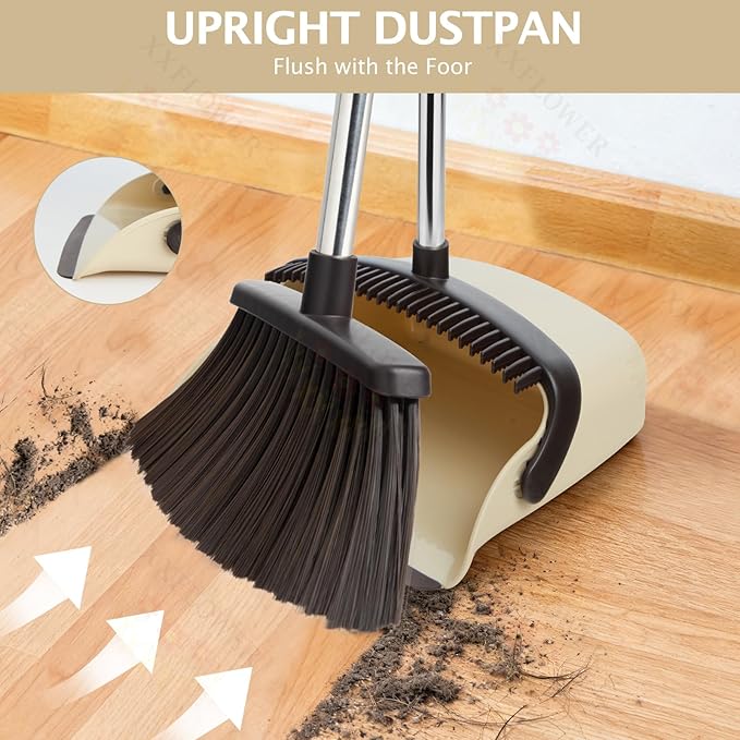 Broom and Dustpan Set with Long Handle, Heavy Dust Broom and Dustpan Combo for Home竊똊itchen, Office, Pet Hair(Beige)