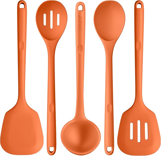 Silicone Kitchen Cooking Utensil Set: U-Taste 600쨘F Heat Resistant 13.6in Extra Long Kitchen Tools, Food-Grade Non-Stick Spatula Turner Spoon Ladle for Stir Frying, Serving, Mixing (5 Pieces, Orange)