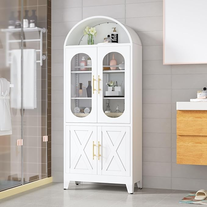 73" H Metal Tall Arched Kitchen Pantry Cabinet, Modern Farmhouse China Storage Cabinets with Glass Door and Adjustable Shelves, Versatile Cupboard for Kitchen, Dining Room, Bathroom (White)