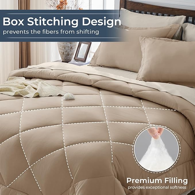 HEVUMYI Khaki & Linen Twin-XL Comforter Set - 5-Piece All Season Bed in a Bag Twin-XL, Ultra Soft Bedding Set with Comforter, Flat Sheet, Fitted Sheet, Pillowcases, Pillow Shams