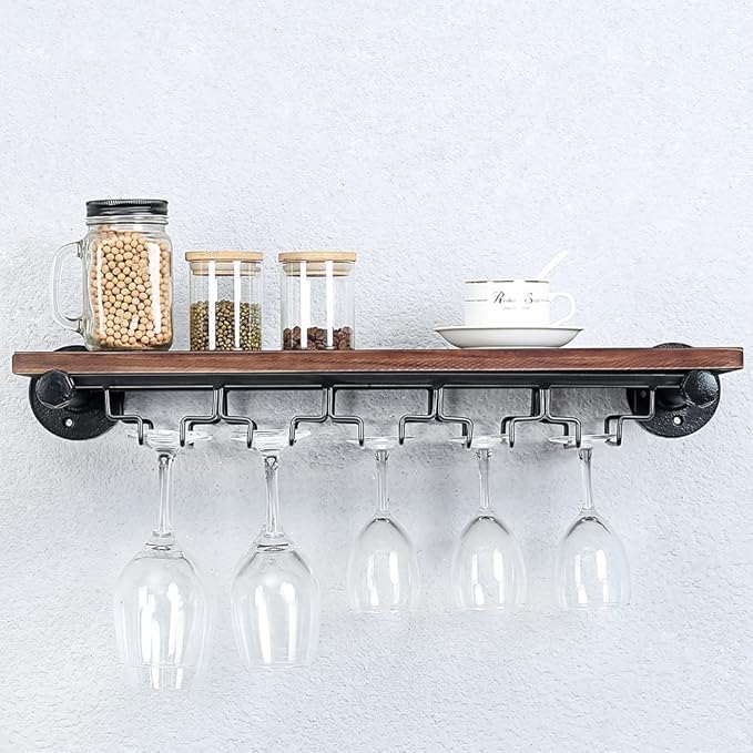 Industrial Wine Rack Wall Mounted with 5 Glass Holder,Wine Glass Rack Floating Wine Glass Shelf,24in Pipe Shelving Hanging Wood Shelves