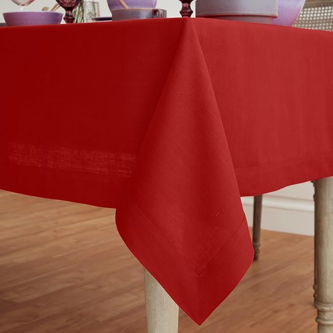 Solino Home Red Linen Tablecloth 60 x 90 Inch - 100% Pure Linen Table Cloth for Rectangle Tables - Fete, Machine Washable Tablecloth for Valentines, Winter