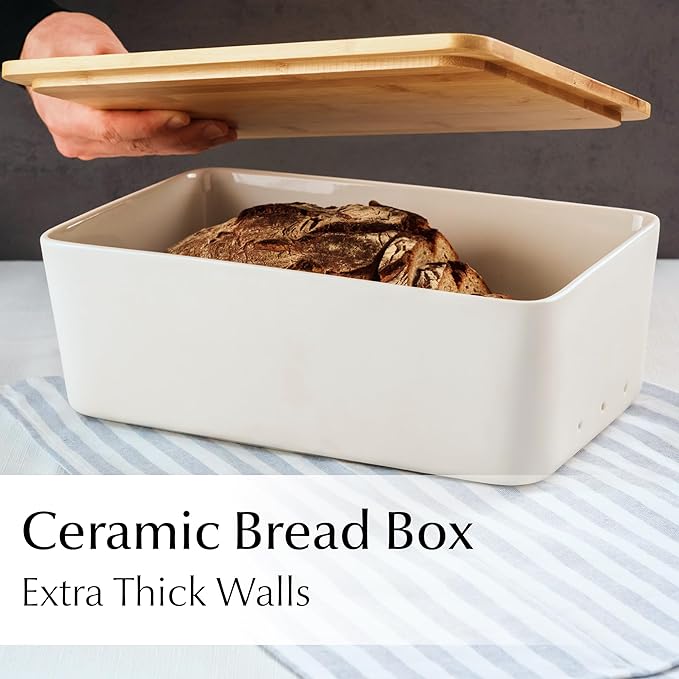 MIAMIO ??Bread Box for Kitchen Countertop/Ceramic Bread Box with Cutting Board, Bread Container with Bamboo Lid, 12.6 x 7.9 x 4.5 inches