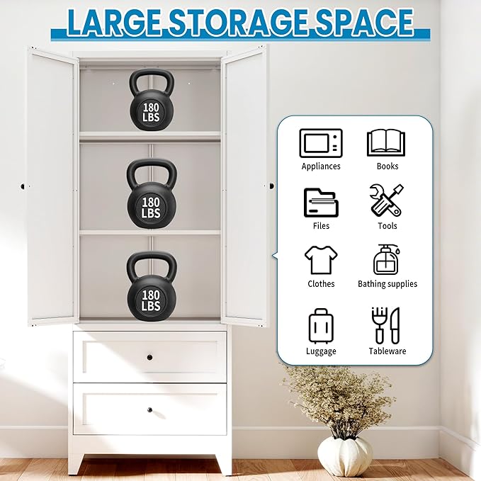 White Steel Pantry Cabinet with 2 Drawers & 2 Adjustable Shelves, Tall Metal Storage Cabinets for Kitchen, Living Room, Bathroom, Heavy Duty Freestanding Utility Cabinet, Assembly Require