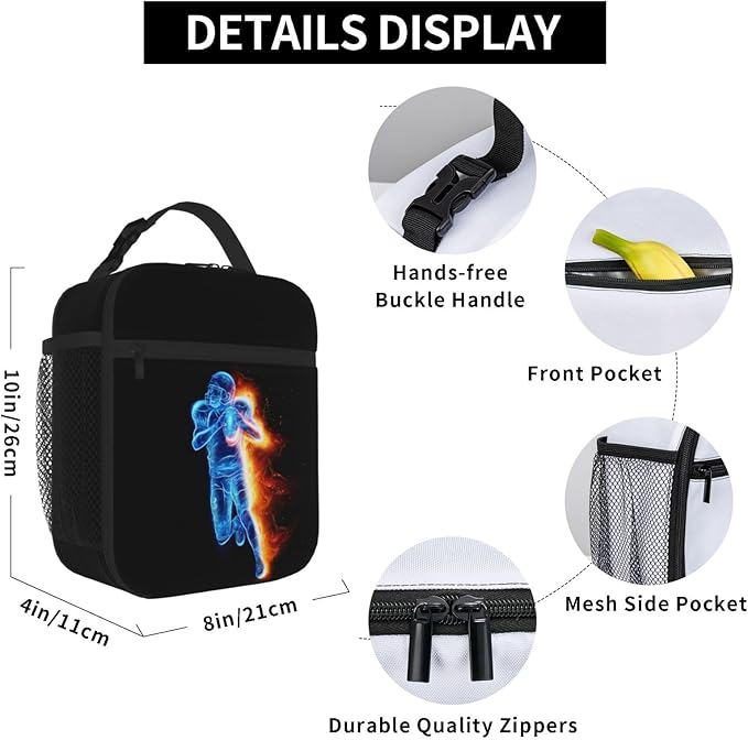 Football-themed Lunch Box Bag for Kids Teens Boys/Men, Sports LunchBoxes with Printing a Playing Blue Football Player Pattern, Reusable Tote Bag for Work School, Gifts for Birthday Christmas