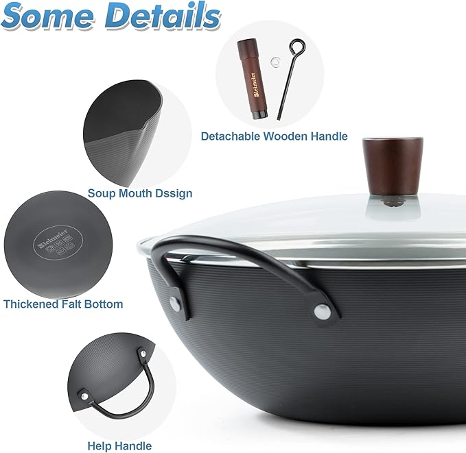 BIELMEIER Carbon Steel Wok, 12.5 Inch Stir Fry Pan with Lid, Natural Non-Stick Flat Bottom Wok for All Cooktops, Pre-Seasoned for Asian Cuisine, Saut챕, Searing