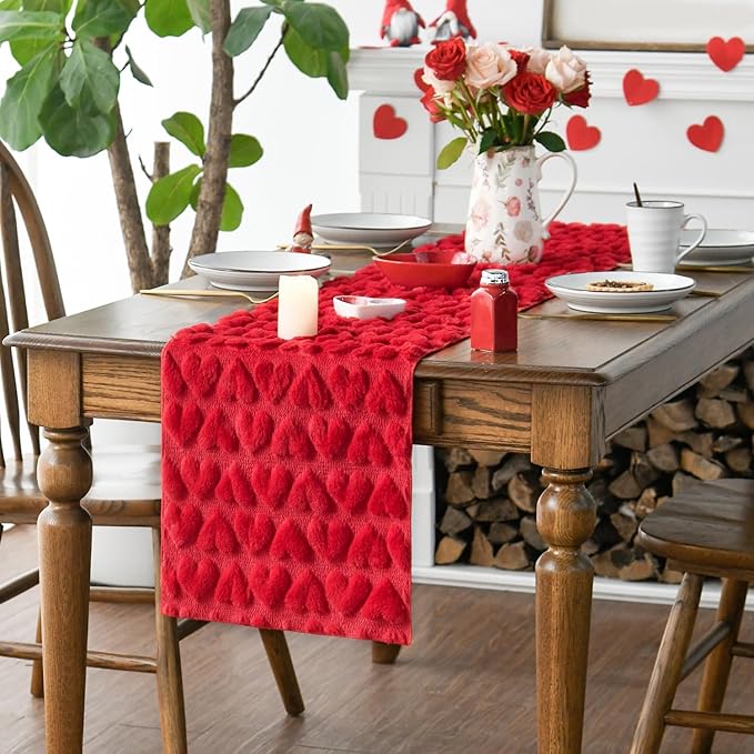 Artoid Mode Red Soft Plush Faux Fur Jacquard Heart Valentine's Day Table Runner, Seasonal Kitchen Dining Table Decoration for Home Party Decor 13x120 Inch