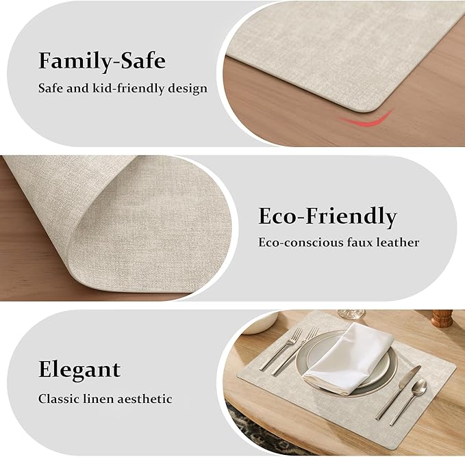FROMHEART Faux Leather Placemats Set of 6?밯aterproof,Heat/Oil Stain-Resistant PU Table Mat?밨eversible,Non-Slip,Easy to Clean Place Mats for Kitchen,Dining,Indoor/Outdoor,(Beige,11.8" x 17")