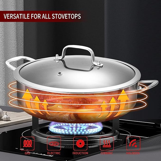 LOLYKITCH Tri-Ply Stainless Steel 10 Inch Non-Stick Saut챕 Pan with Lid,Induction Deep Cooking Pan, Dishwasher and Oven Safe