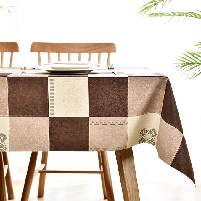 LOHASCASA Square Tablecloth Plastic PVC Wipeable Oilcloth - Vynle Spillproof Tablecloth Party Kitchen Dining Tablecloths - Tan and Brown Plaid 54x54 Inch