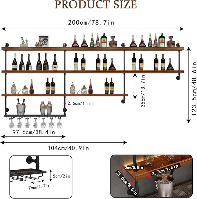 78.7in Large Wine Rack with LED Light, 4 Tiers Solid Wood Wall Mounted Wine Rack, Industrial Liquor Bottles Floating Shelves with Glass Holder for Home Bar/Dining Room (78.7in/200cm)