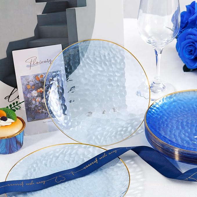Rubtlamp 60 Pcs Blue Gold Plastic Plates, Hammered Plastic Dessert/Salad Plates, 7-Inch Blue Dessert Platos,Appetizer Platos Disposable Perfect For Wedding
