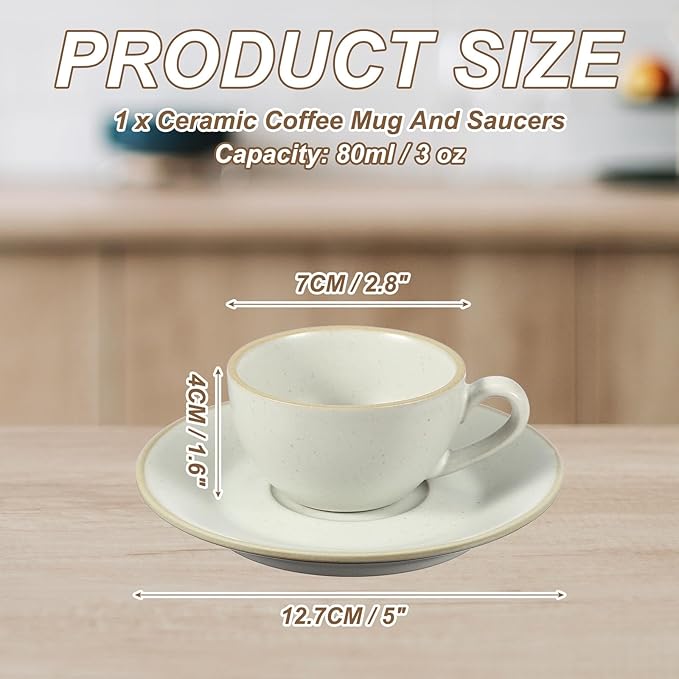 uxcell Handmade Vintage Espresso Cups, 3 oz Coffee Cups and Saucers Ceramic Tea Cup with Handle Dishwasher and Microwave Safe for Latte Cappuccino Milk Office Home Gifts, Morandi White