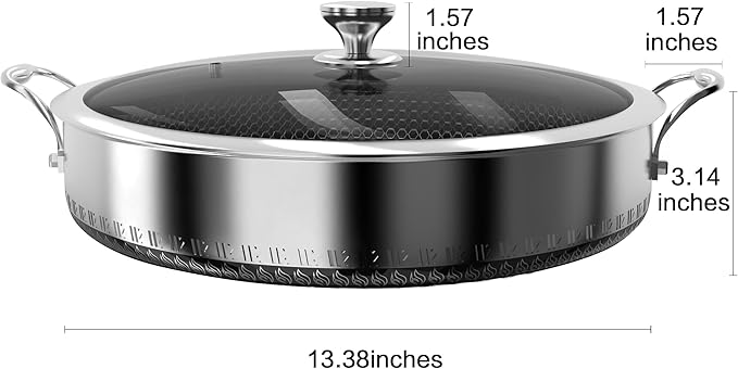 316L Stainless Steel 8QT Frying Pan Hex Nonstick Wok with Lid, Two Handle to Hold, PFOA Free, Dishwasher Oven Safe (8QT)