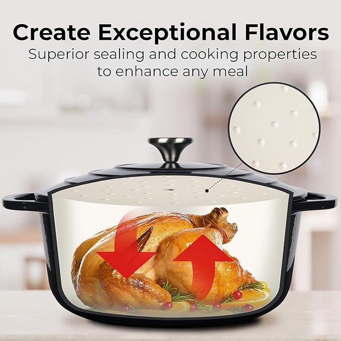 Zulay Kitchen 6 Quart Enameled Cast Iron Dutch Oven Pot with Lid ??Premium Durability & Oven Safe up to 500째F ??Heavy Duty Cookware Perfect for Bread Baking, Stews, Braising & Roasting ??Black